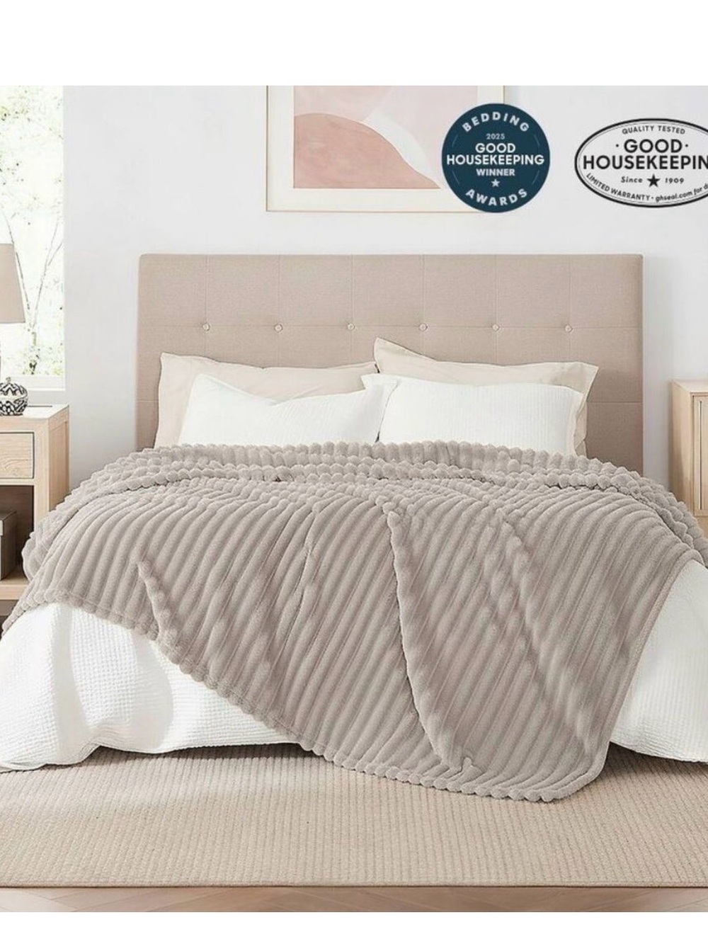 Plush Ribbed Faux Fur Throw Blanket - Cream